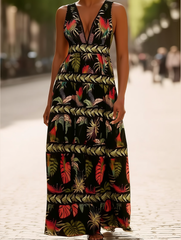 Rota Boho Tropical Print Plunge V-Neck Maxi Dress ??Sleeveless Vacation Style