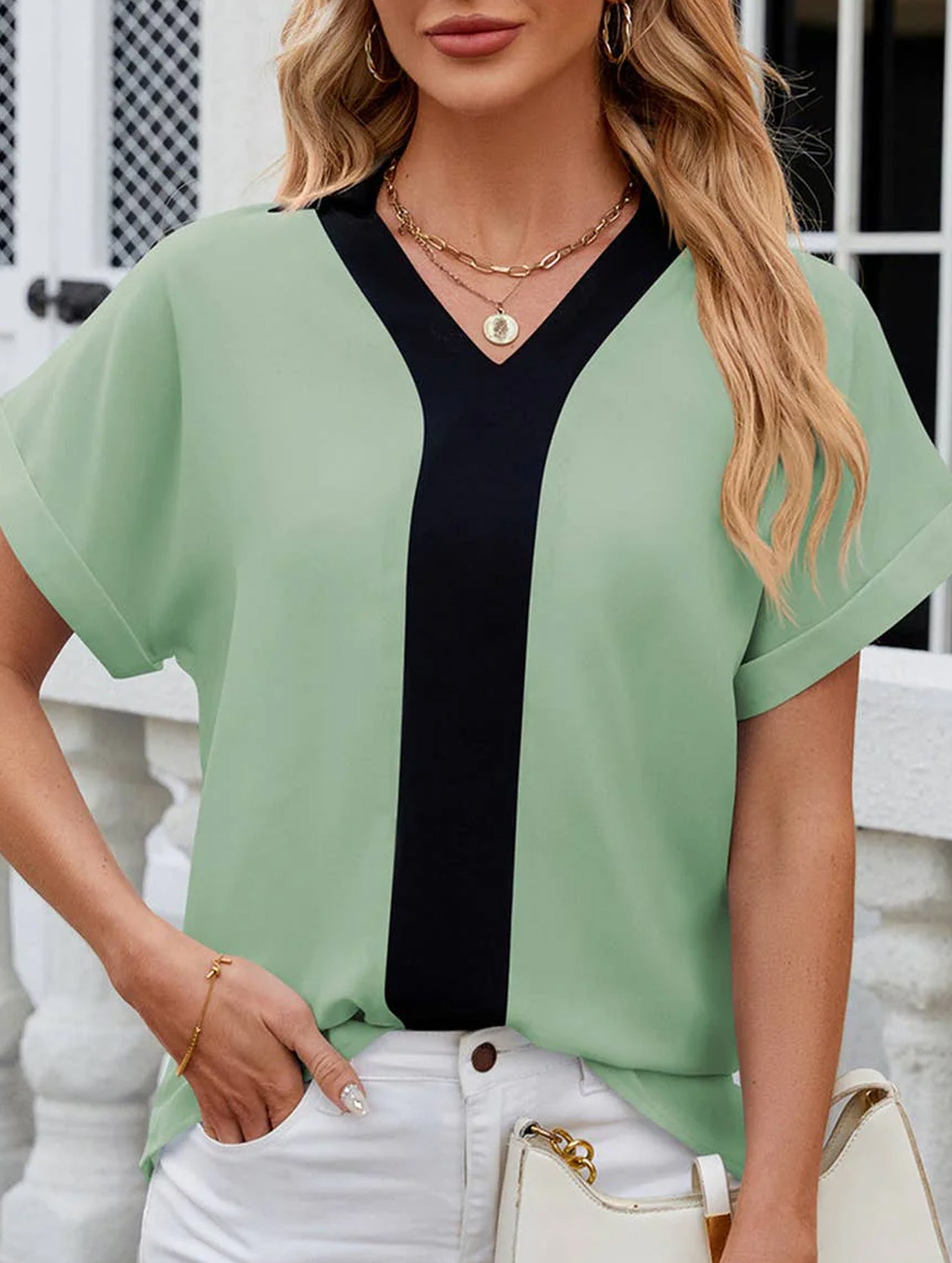 CONTASTING COLOR COLLARED CHIFFON BLOUSE_CWTBLS0516