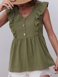 COTTON AND LINEN SLEEVELESS V-NECK BLOUSE_CWTBLSL0204