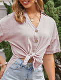 COTTON AND LINEN SHORT-SLEEVED SLIT LAPEL SHIRT_CWTSTS0424