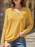 Casual Solid Color V-Neck Button Long-Sleeve T-Shirt