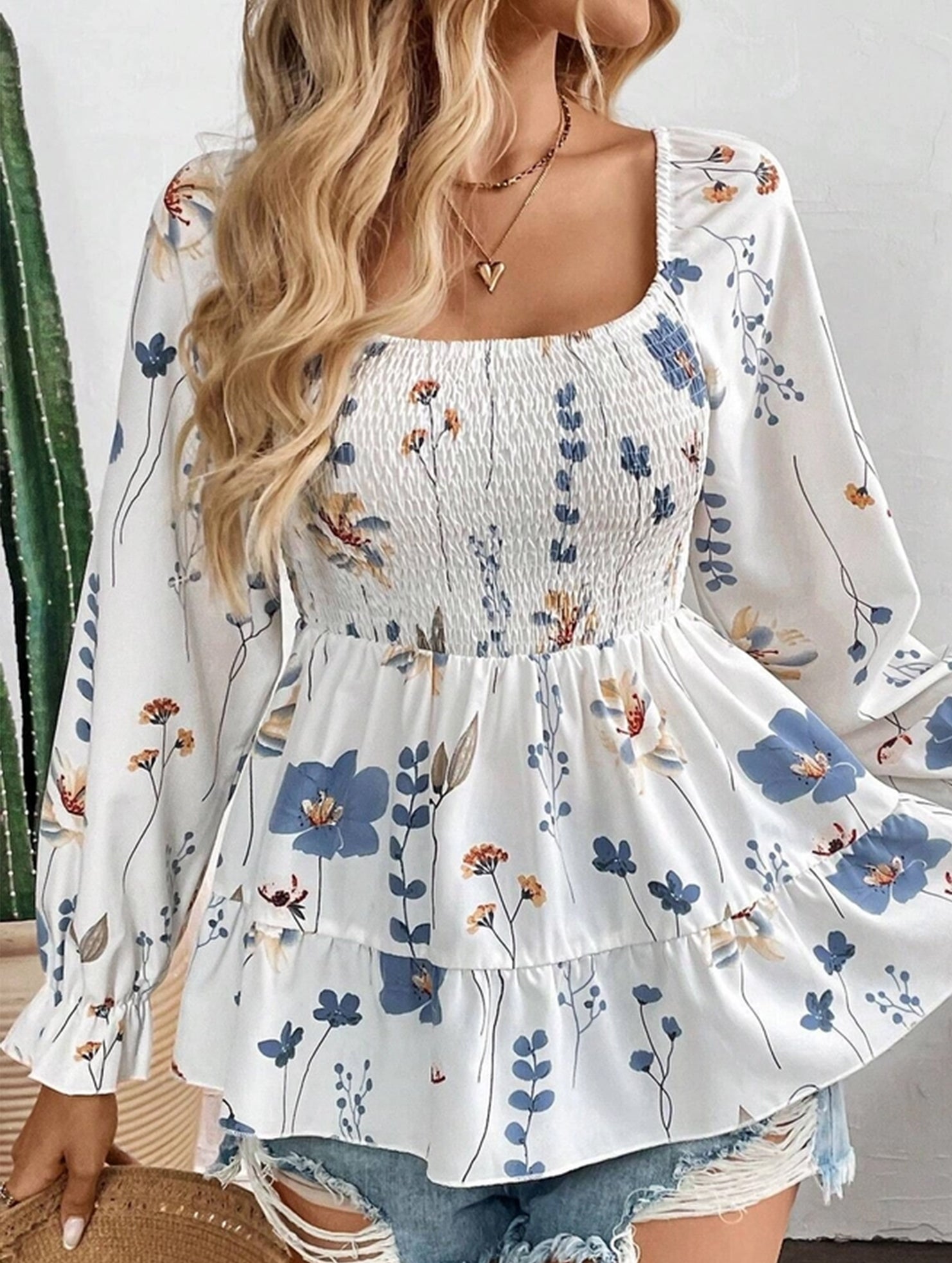 Elegant Floral Print Long-Sleeve T-Shirt