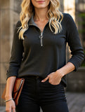 Solid Color Front Zipper Three-Quarter Sleeve T-Shirt
