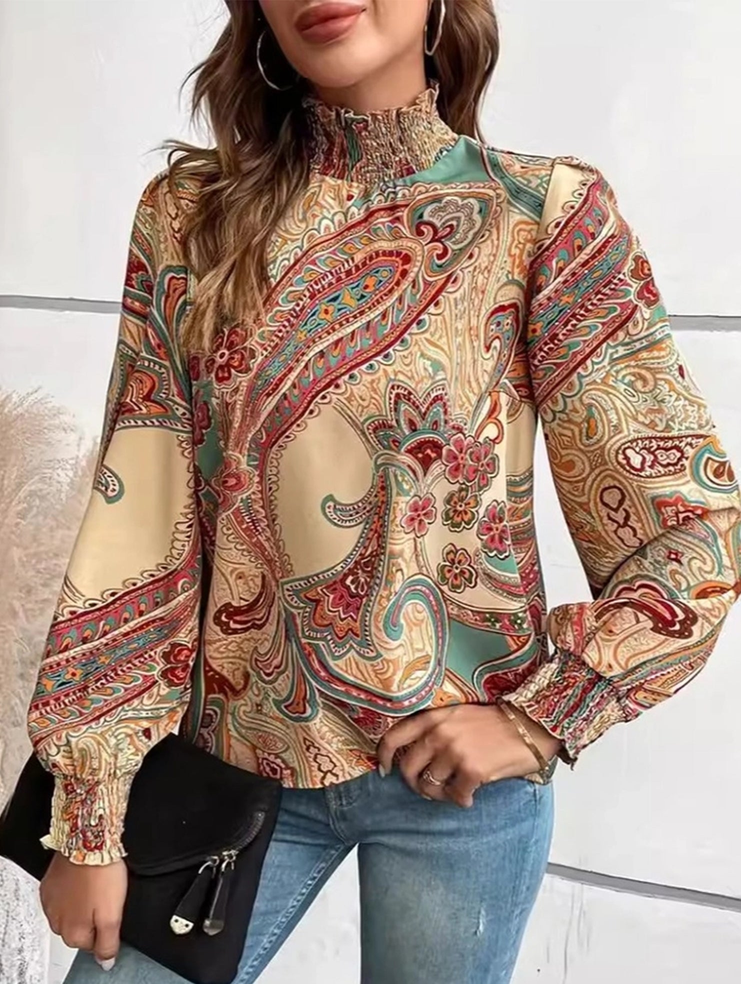 Retro Bohemian Print Turtleneck Long Sleeve Top