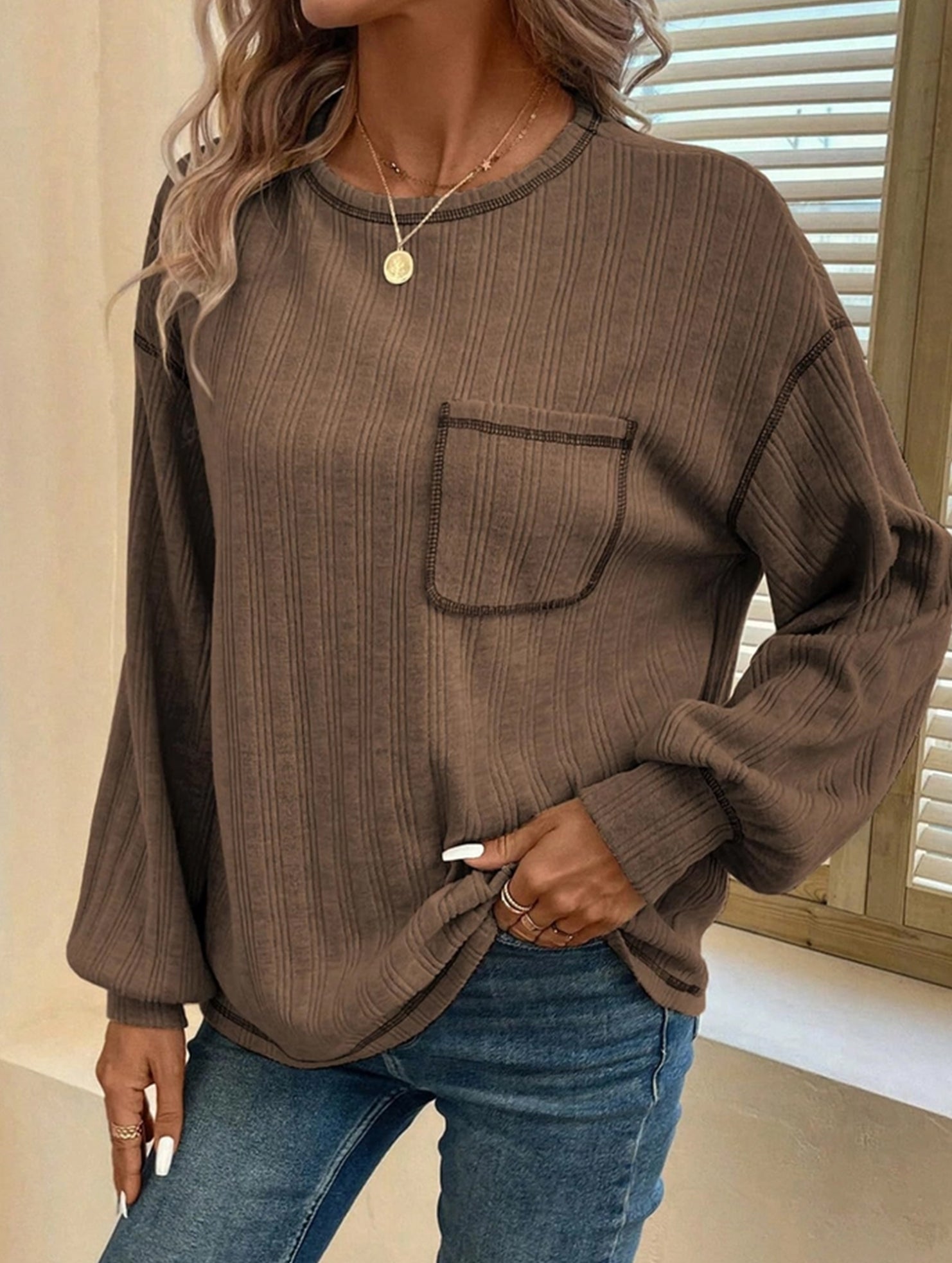Pitted Strip Brushed Crewneck Pocket Casual Shirt