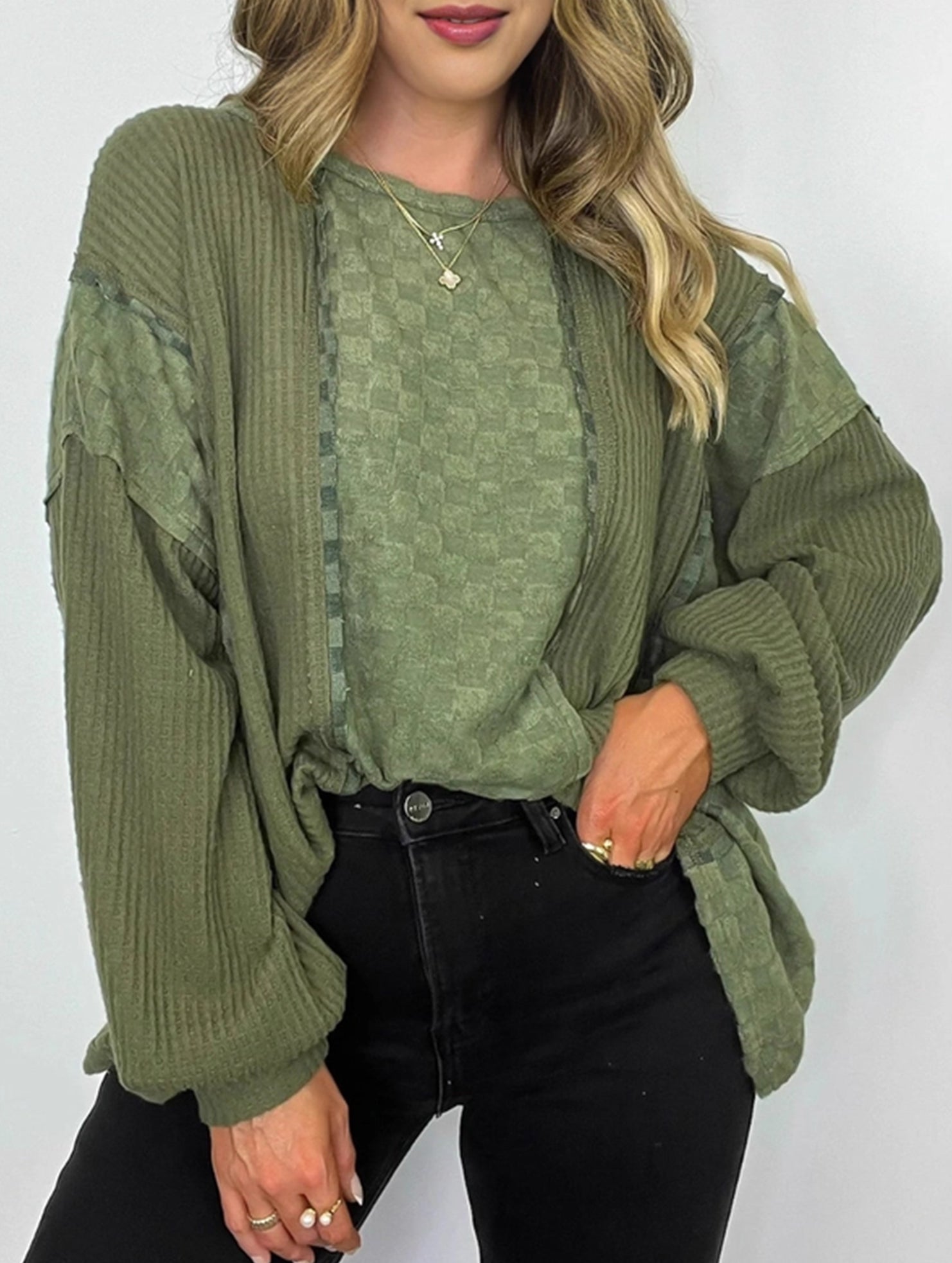 Drop Shoulder Checkered Waffle Pullover
