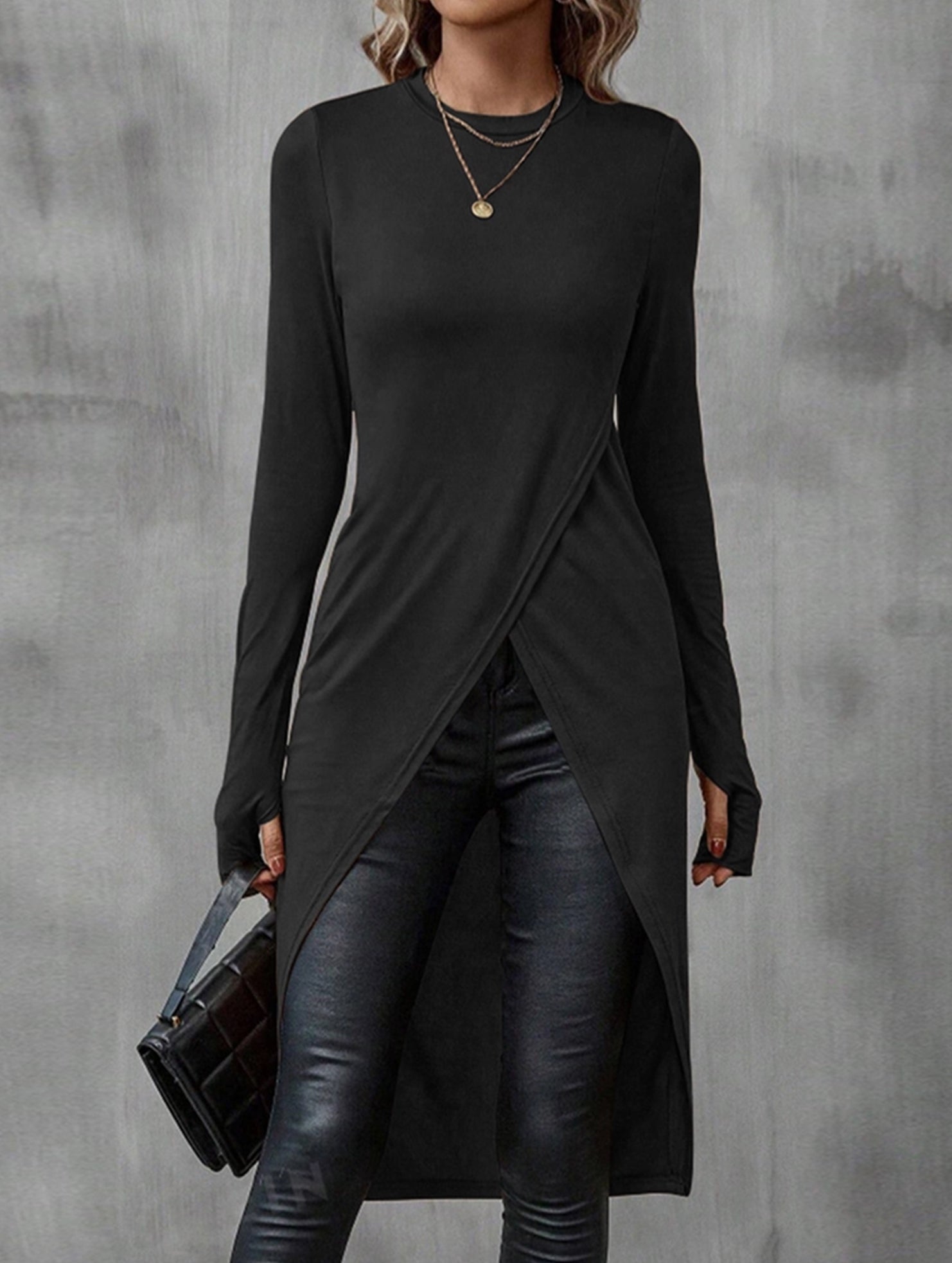 Casual Solid Asymmetric Hem Long Sleeve T-Shirt