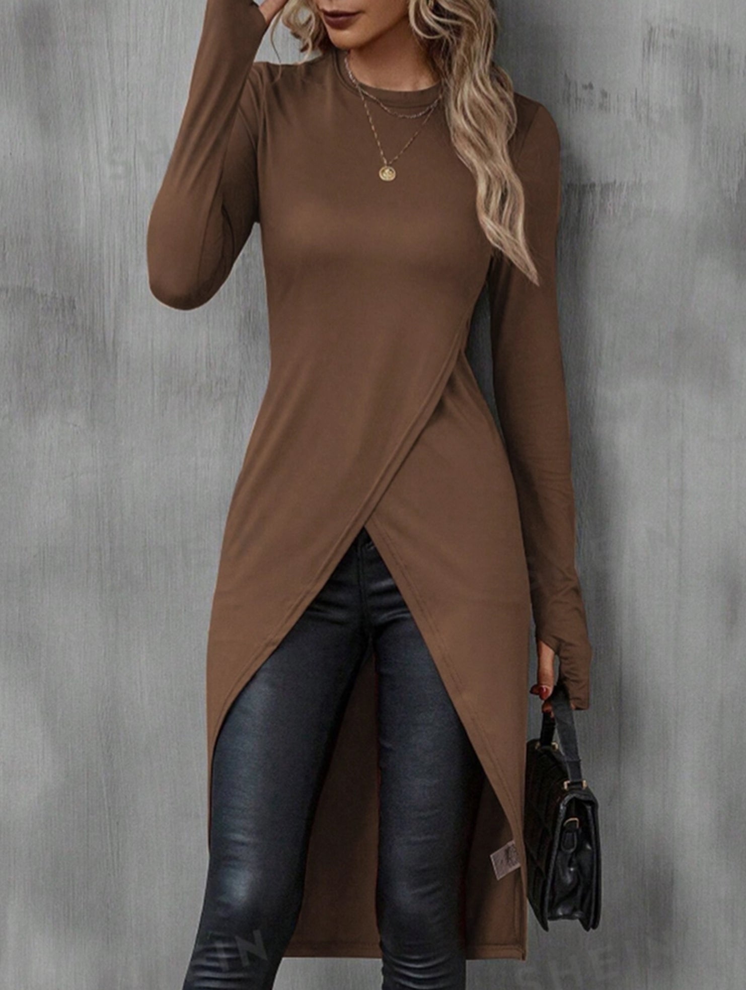 Casual Solid Asymmetric Hem Long Sleeve T-Shirt