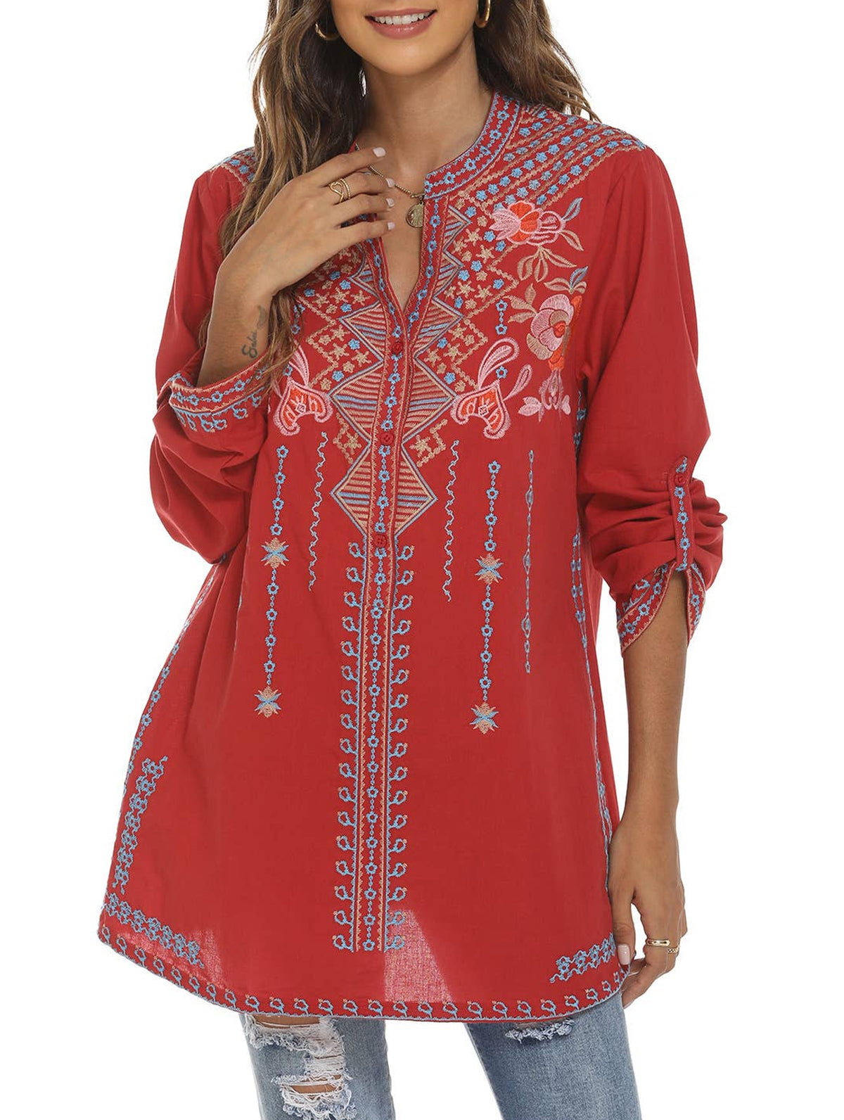 COTTON STAND-UP COLLAR EMBROIDERED SHIRT_CWTBLL0819