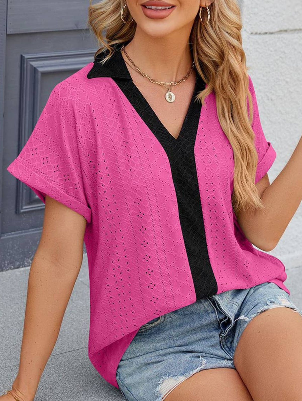 COLLARED SHORT SLEEVE CASUAL T-SHIRT BLOUSE_CWTBLS0515