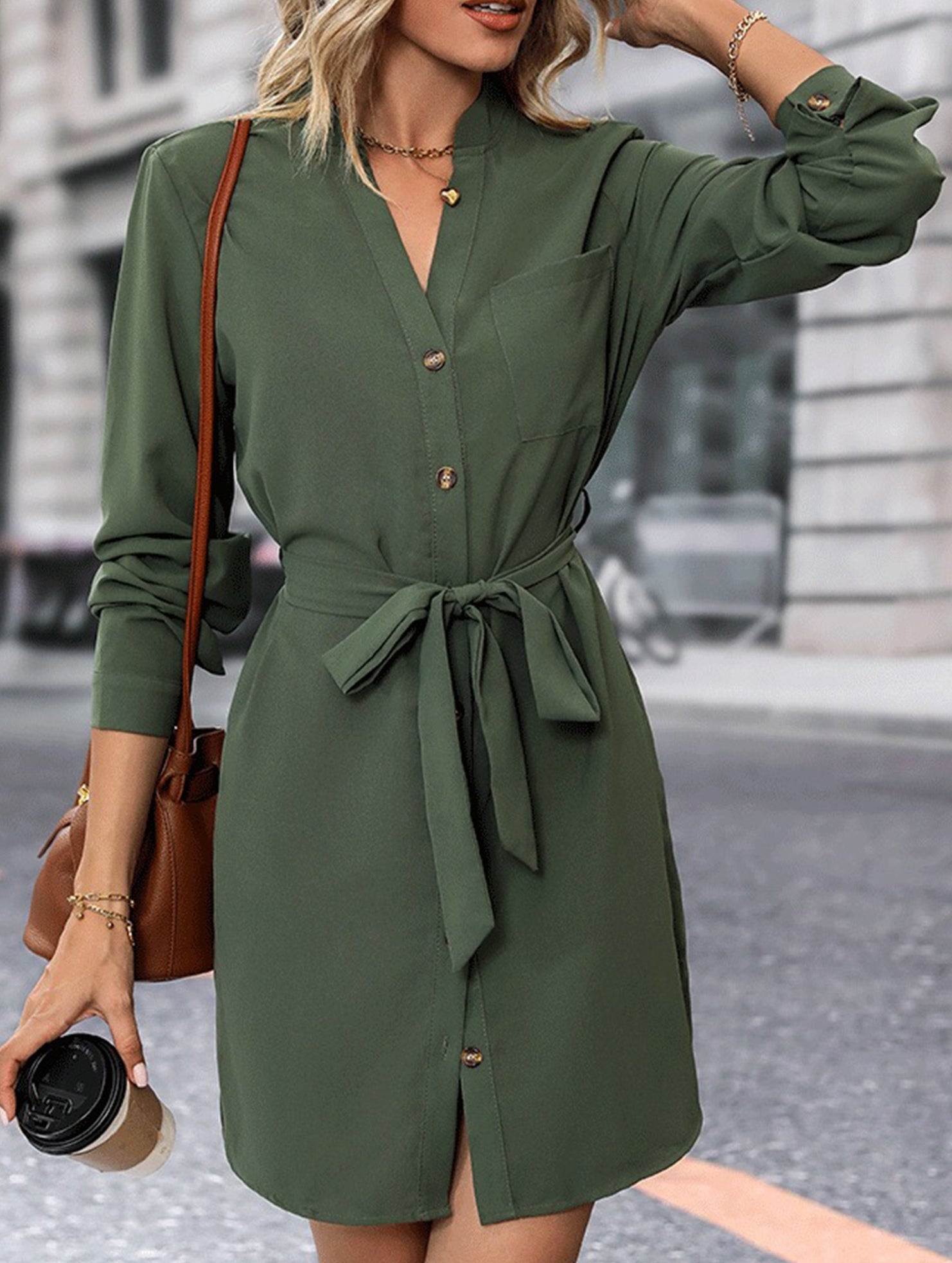 Solid color long-sleeved dress