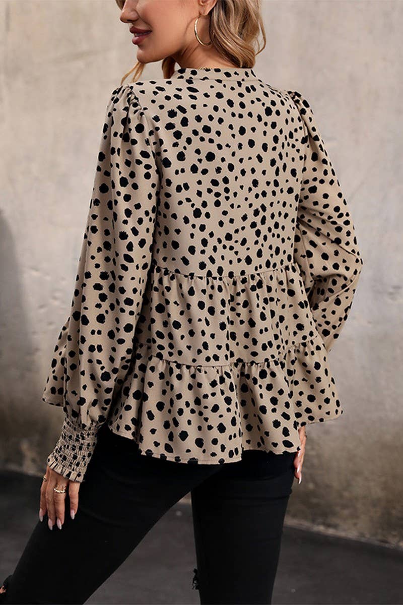 Women V Neck Leopard Printed Ruffled Shirt_Cwtstl0588