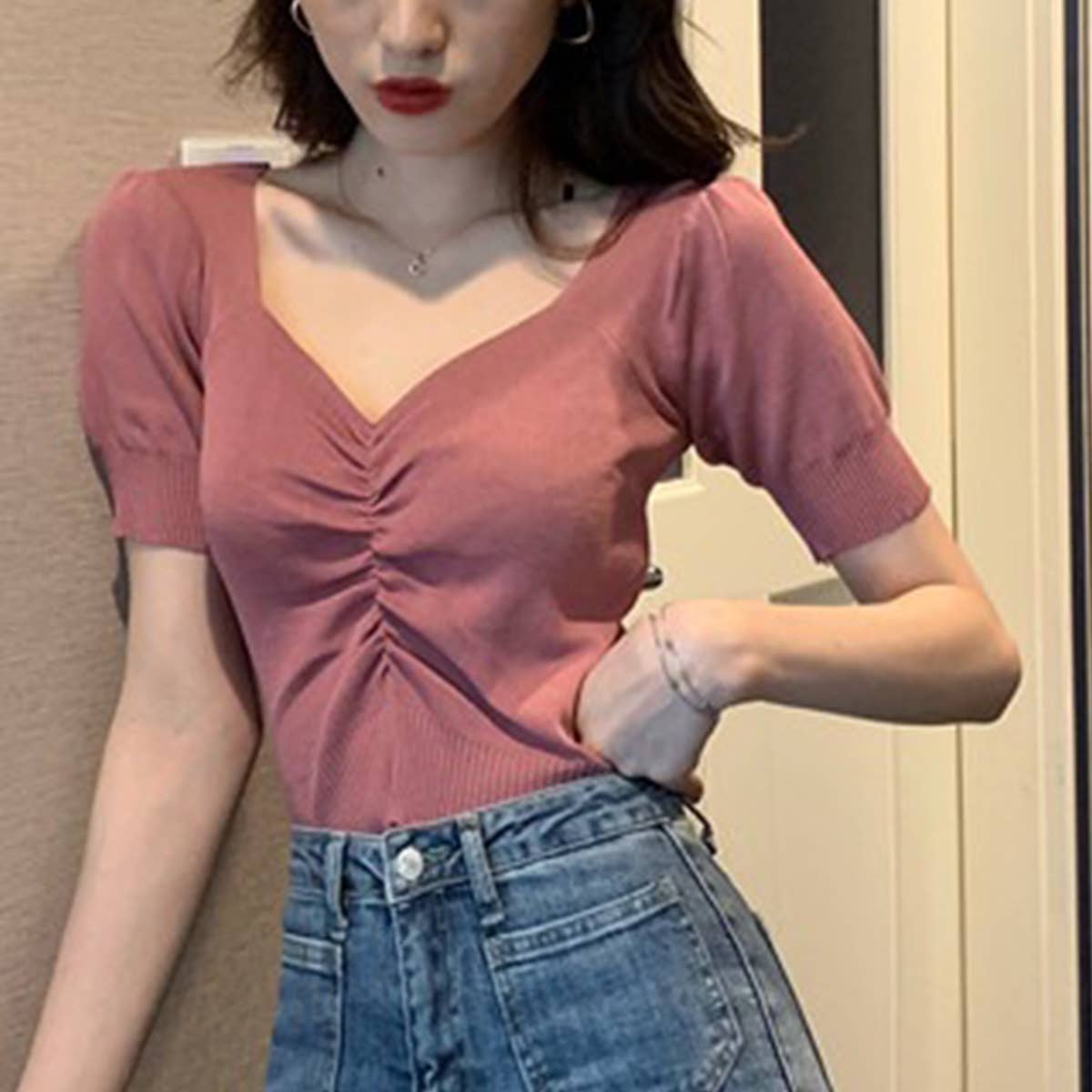 Vintage V-Neck Puffy Sleeve Knit Base T-Shirt