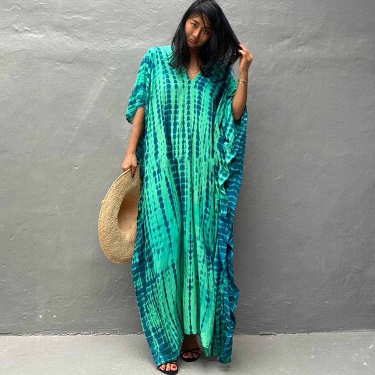 Tie-Dye Caftan Beach Cover-Up Loose Resort Robe_Cwmm6139