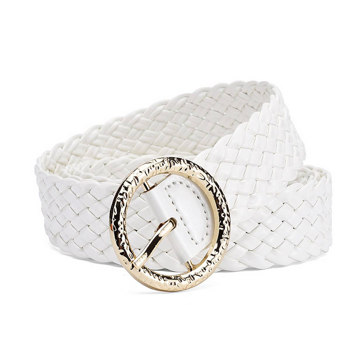 METAL ROUND BUCKLE PATENT LEATHER BRAIDED WIDE BELT_CWMM0765