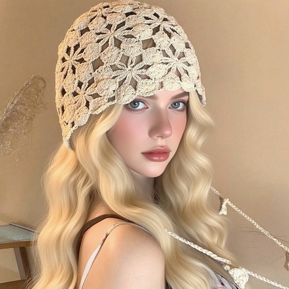 Boho Crochet Beanie ? Floral Tassel Knit Hat_Cwah04324
