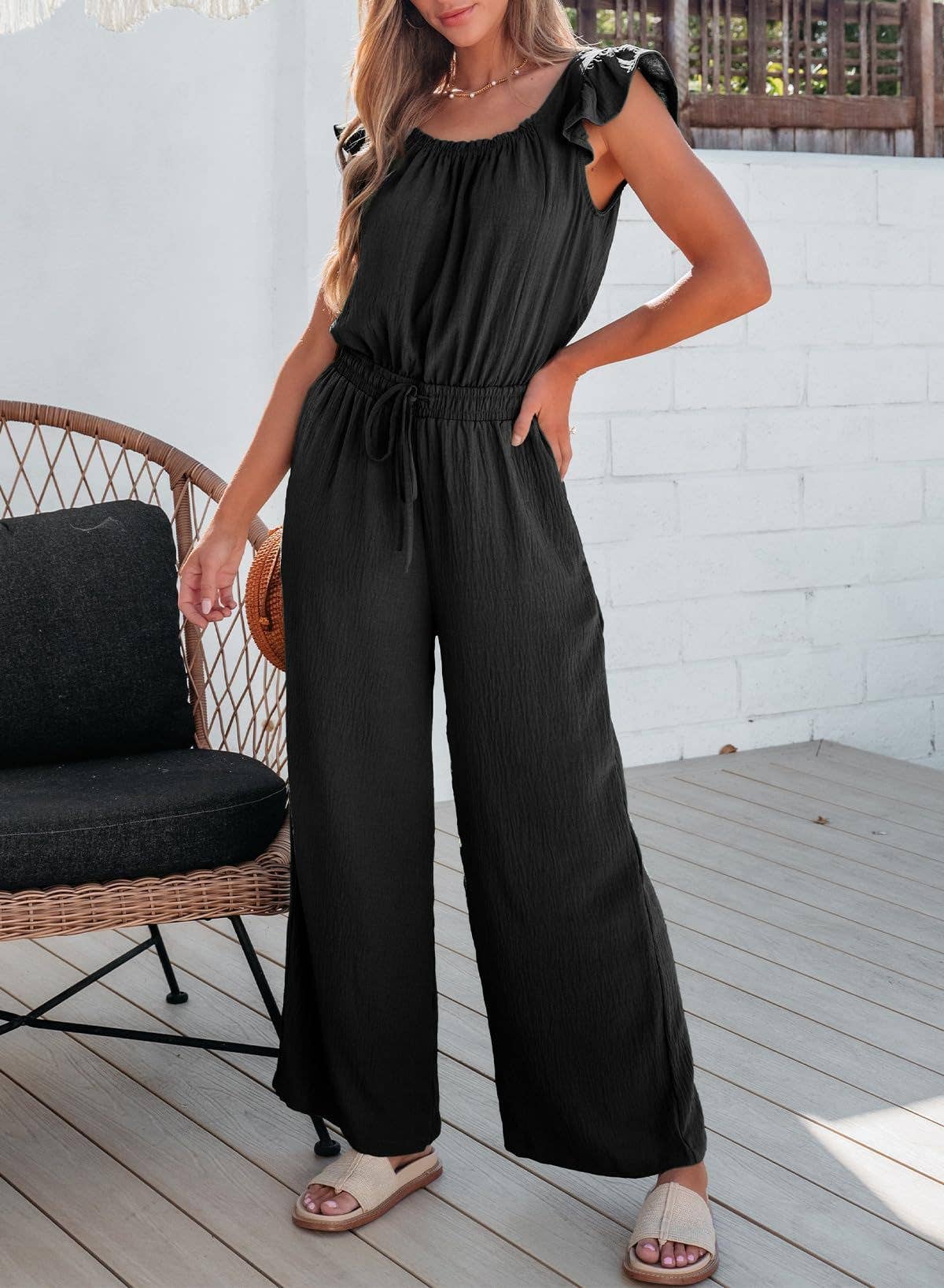 Womens Ruched Romper With Ruffle Sleeves