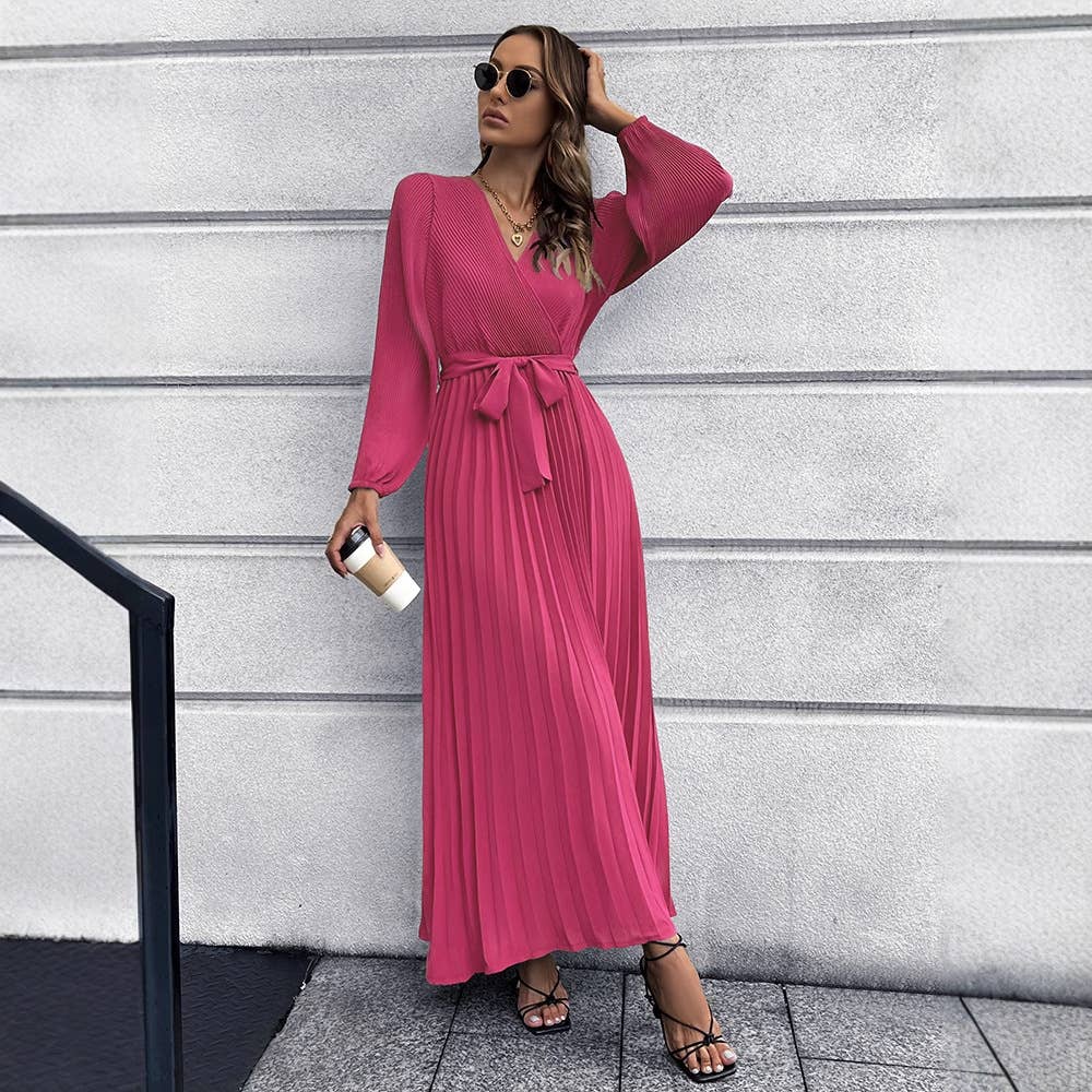 V Neck Long Sleeve Pleated Belted Midi Dress