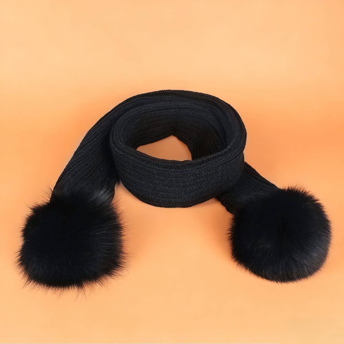 Winter Knit Scarf With Fox Fur Pom Poms_Cwasc03495