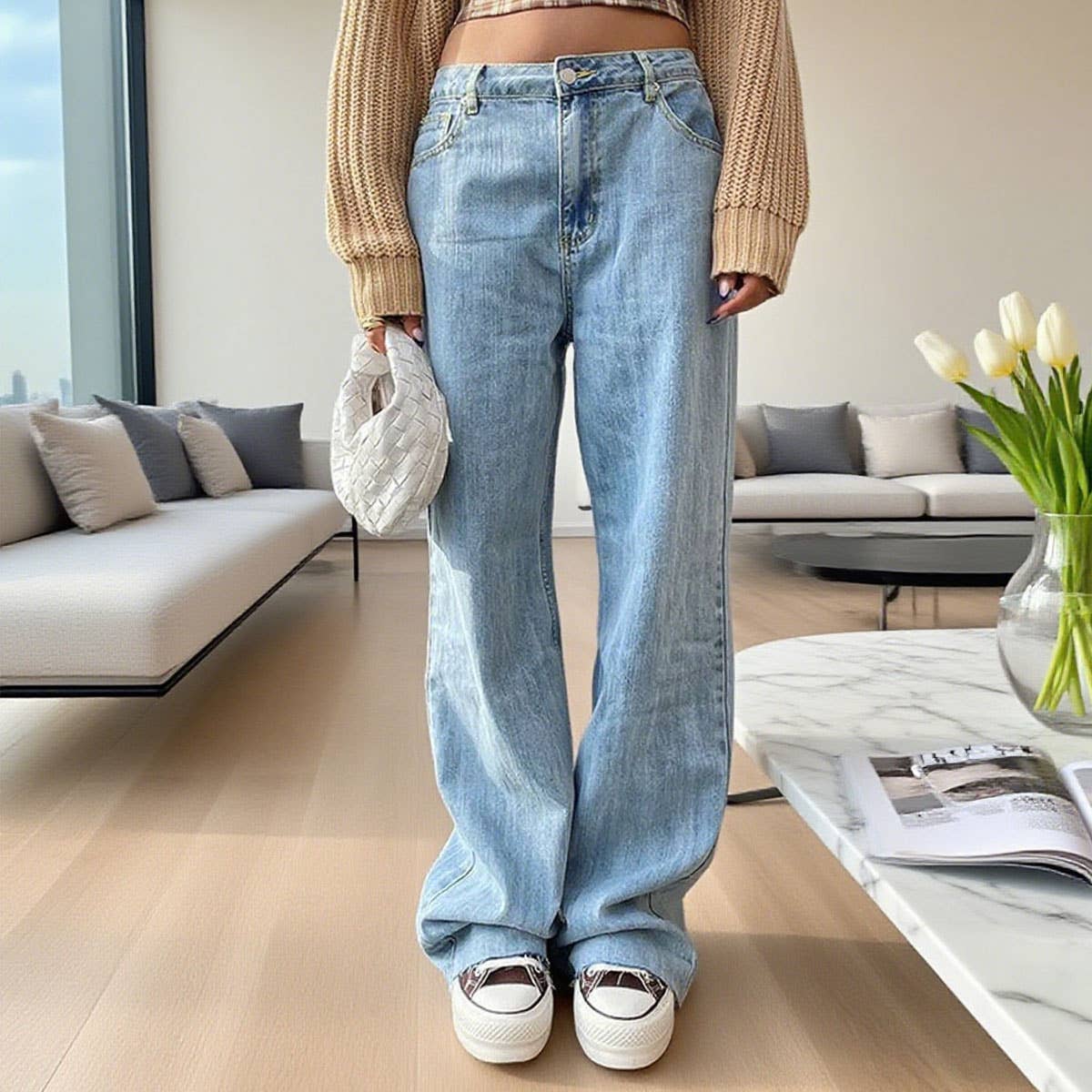 Solid Color Wide Leg Straight Leg Denim Pants