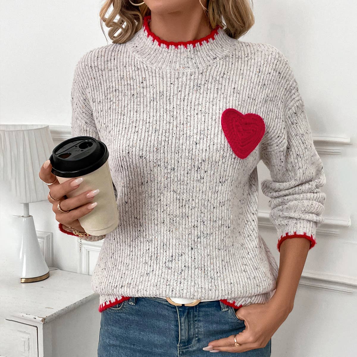 Valentines Day Half Turtleneck Love Jacquard Pullover
