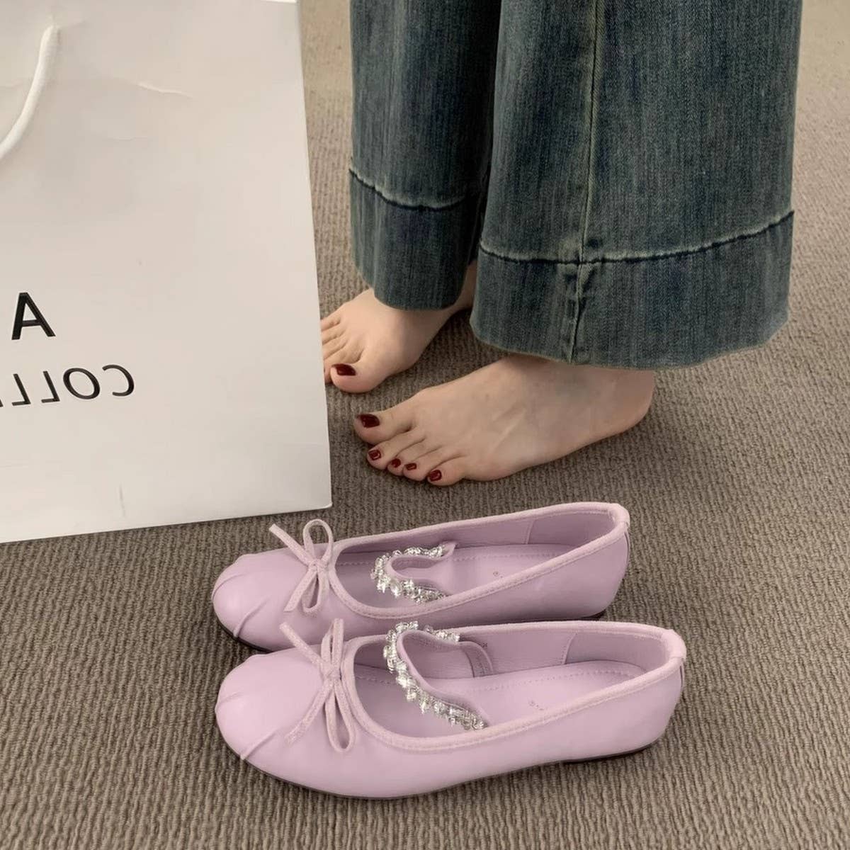 RHINESTONE STRAP FLAT MARY JANE BOW BALLET FLATS_CWSHF0118