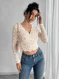 Solid-Color Sexy Lace V-Neck Long-Sleeved T-Shirt