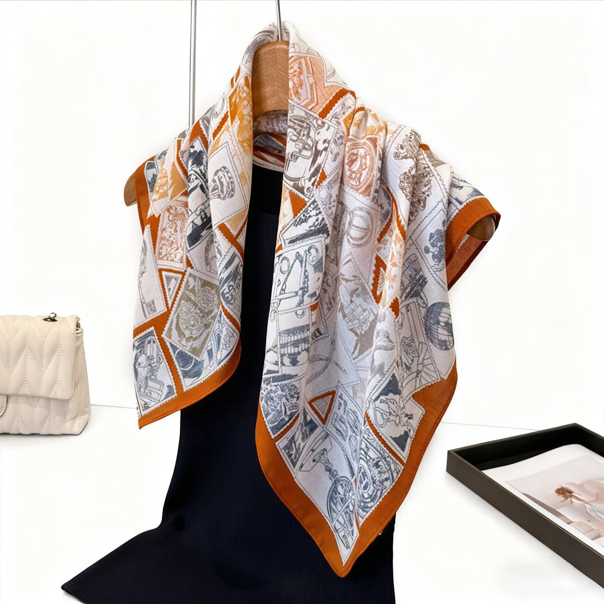 Vintage Stamp Herringbone Linen Feel Scarf_Cwasc03304