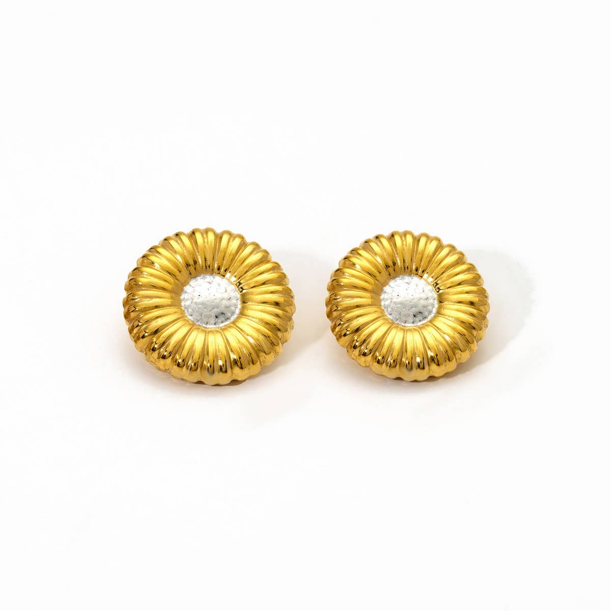 Vintage Round Ribbed Stainless Steel Earrings_Cwmm8910