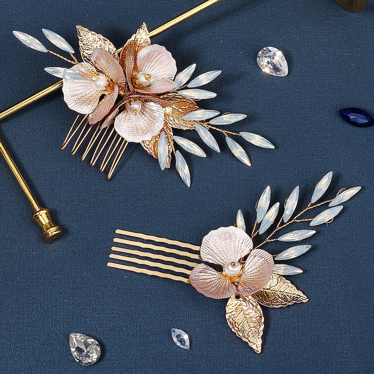 GOLD FLORAL BRIDAL HAIR COMB GEM ELEGANT PIECE_CWAHA2788