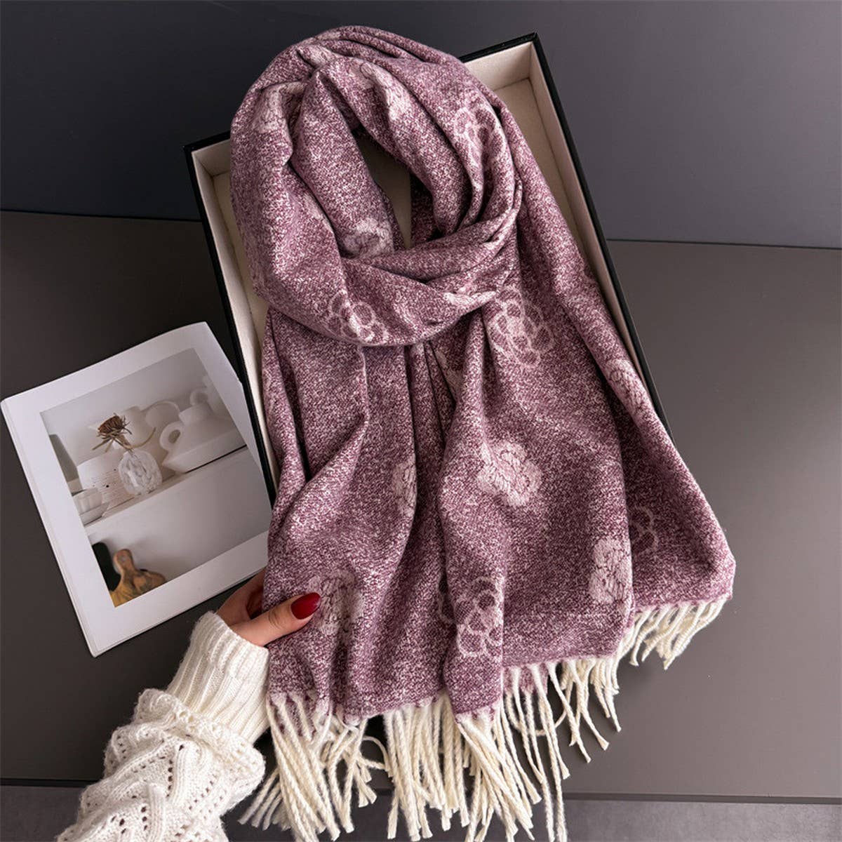 Elegant Camellia Cashmere Feel Tassel Scarf Wrap_Cwasc03244