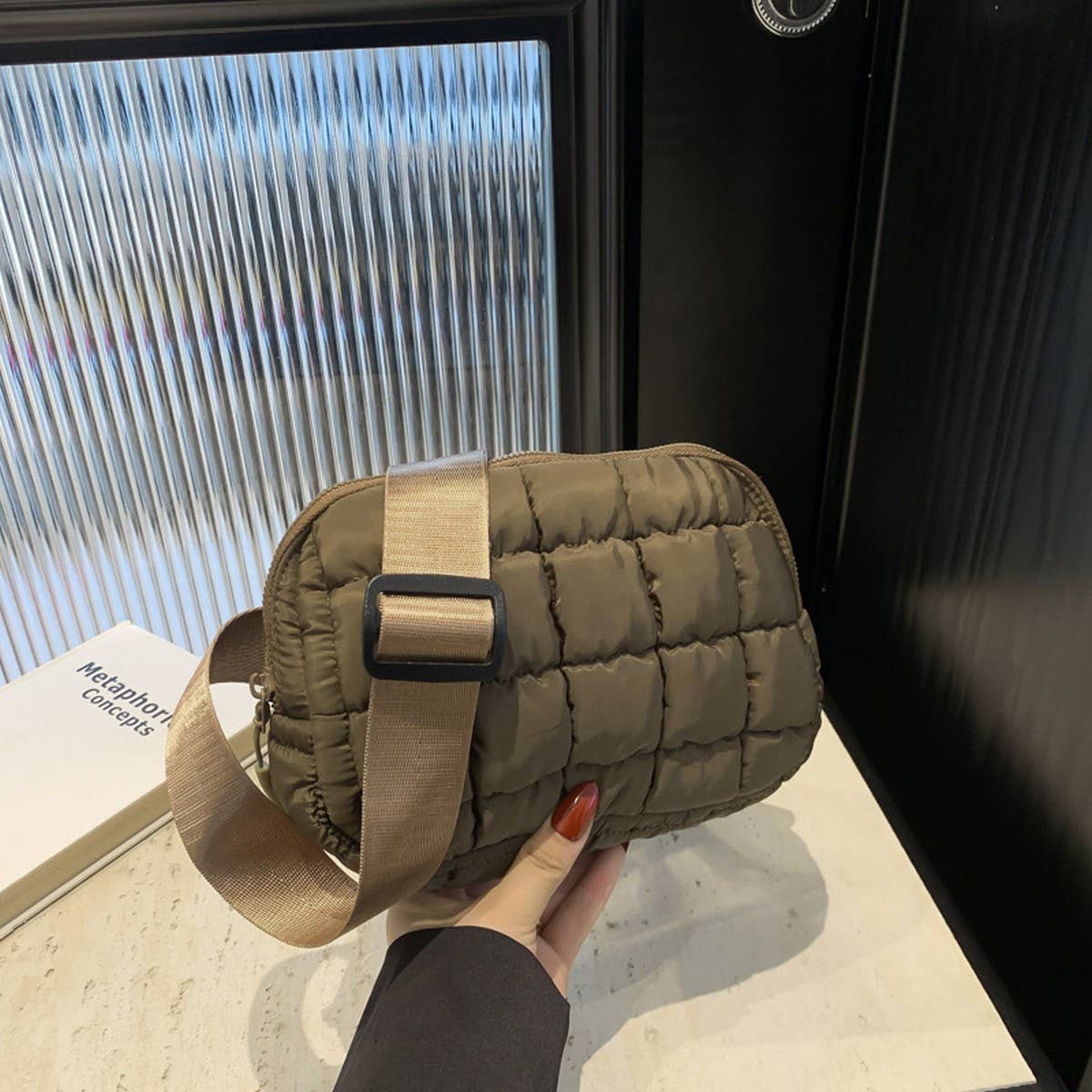 PLAID PUFFER WAIST BAG CROSSBODY CHEST PACK_CUAB00496