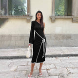 Temperament One-Shoulder Color Edge Lace Dress