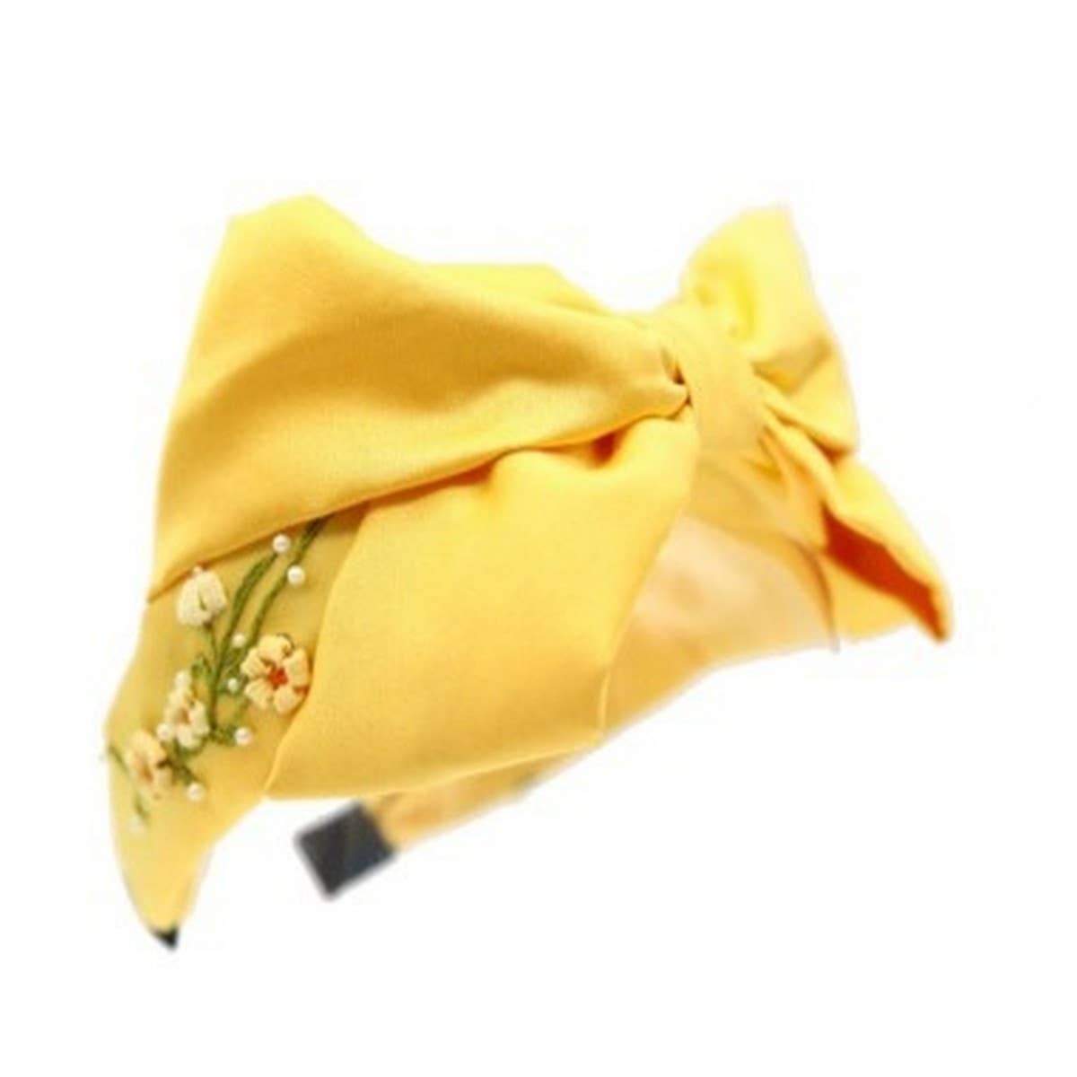 EMBROIDERED YELLOW FLOWER BOW HEADBAND CREAMY SILK_CWMM6121