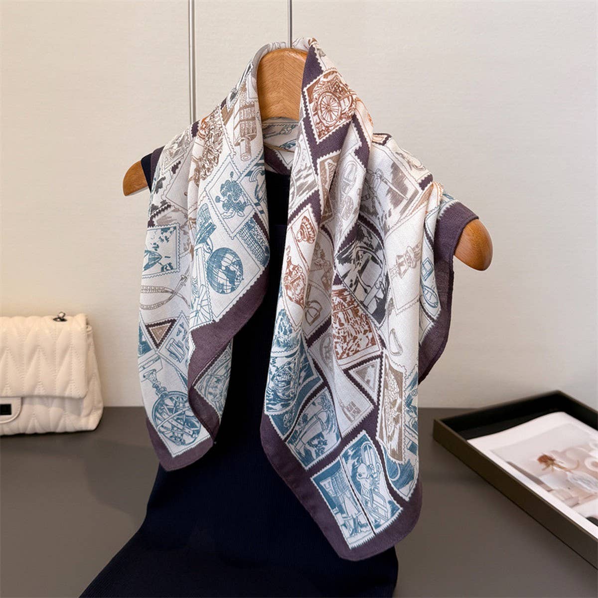 Vintage Stamp Herringbone Linen Feel Scarf_Cwasc03304