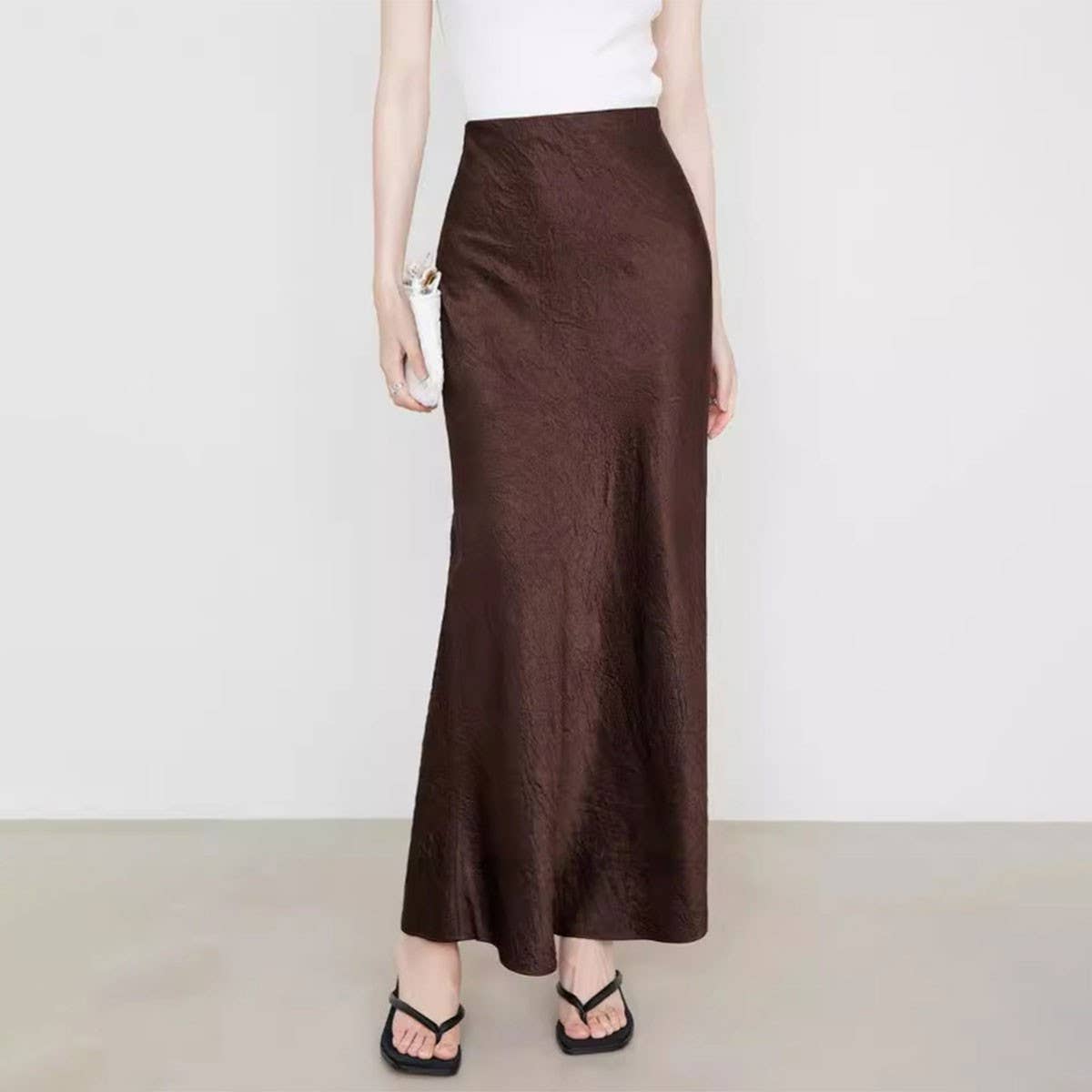 SATIN SKIRT HIGH WAIST ELASTIC PATTERN LONG SKIRT_CWBSS0384