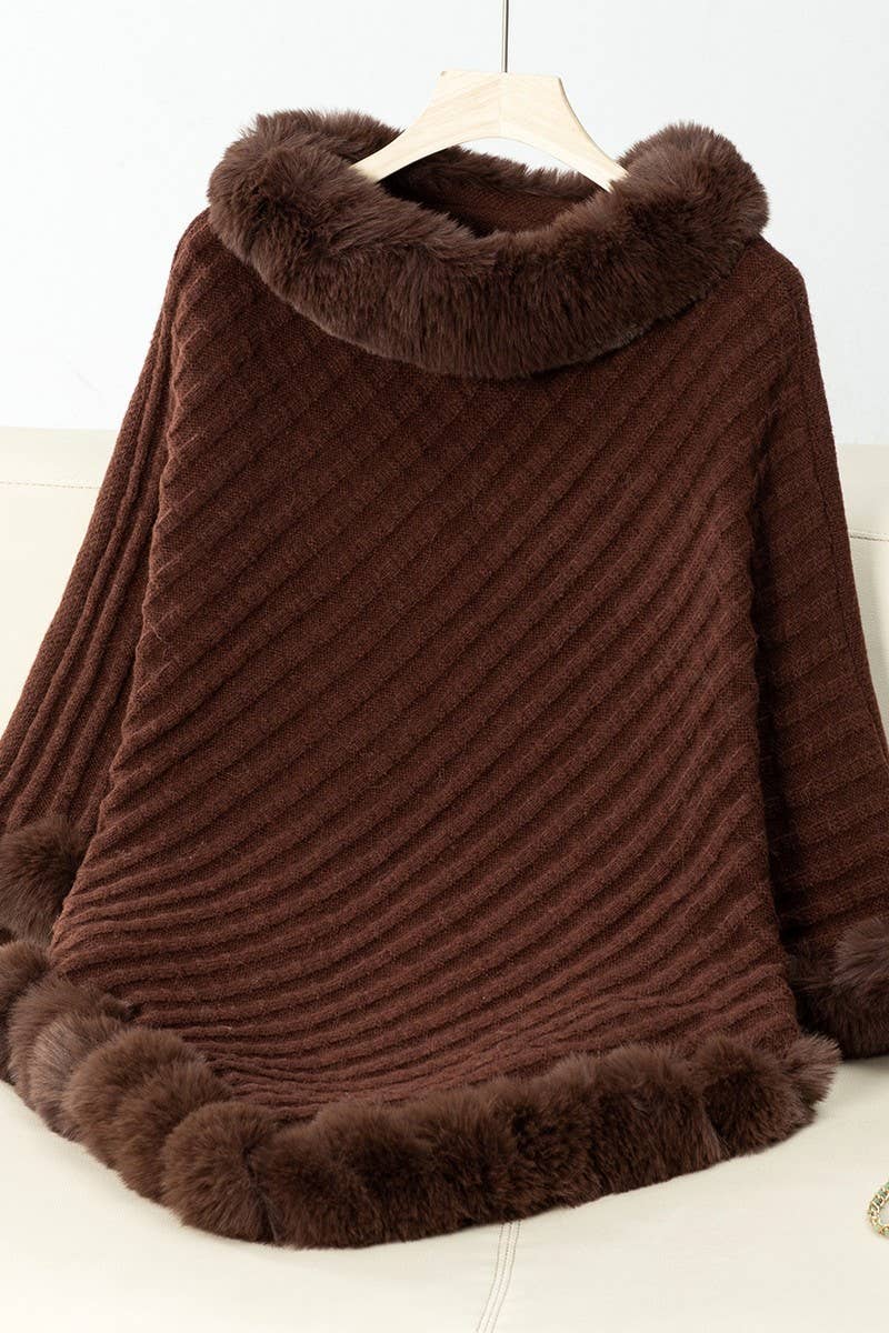 Cwocas0045_Thick Fur Collar Vintage Plaid Knitted Cape Shawl
