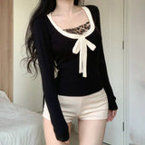 U Neck Leopard Print Bow Patchwork Fake Two Tops