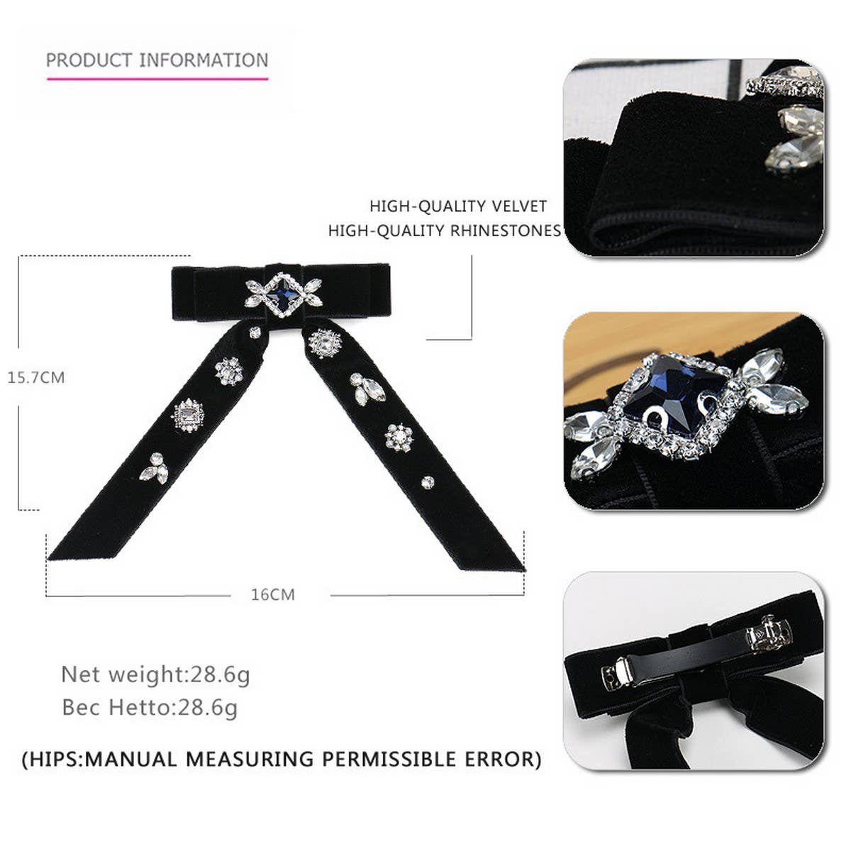 Vintage Crystal Hairpin Velvet Bow Hair Accessory