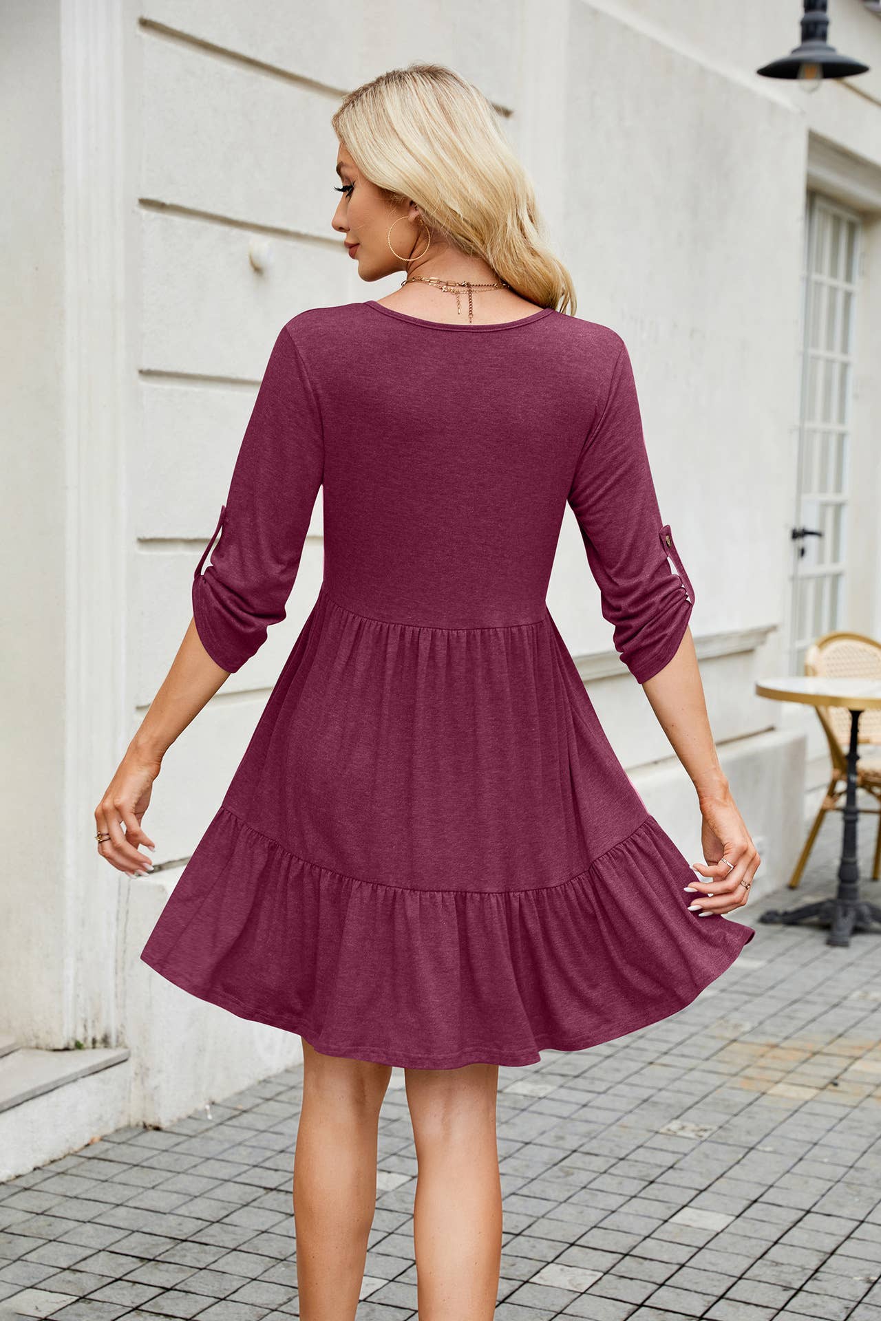 Solid Color Crew-Neck Button Mid-Length Dress