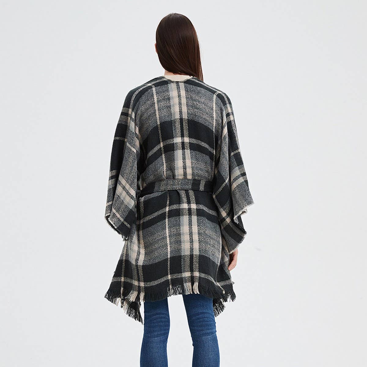 BLACK AND WHITE LINE CARDIGAN SHAWL CLOAK_CWASC0264