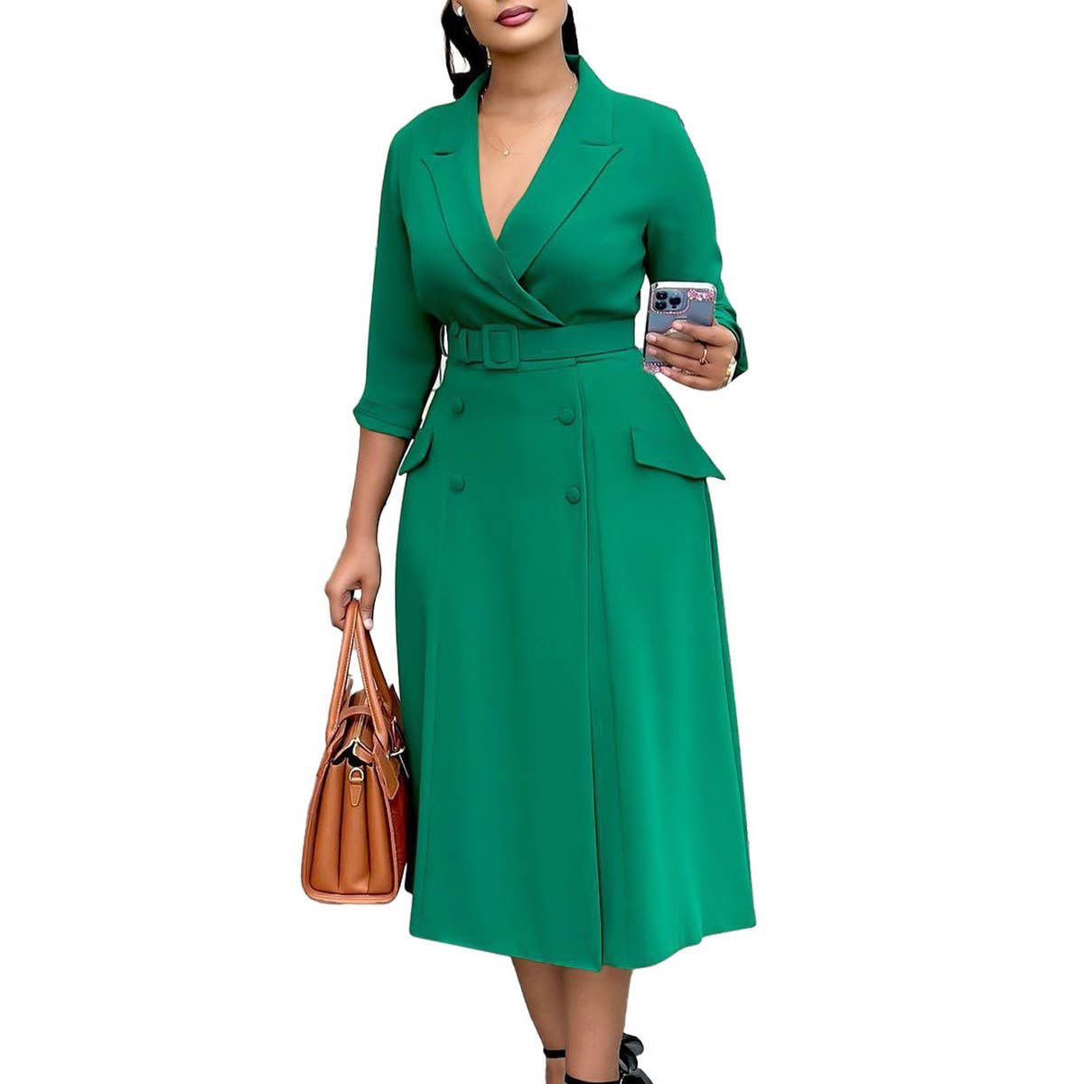DOUBLE BREASTED SUIT COLLAR SOLID COLOR DRESS_CWDMD3660
