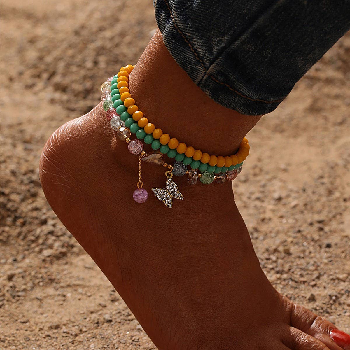 BOHO CRYSTAL BEADED ANKLET SET BUTTERFLY PENDANT_CWMM6361