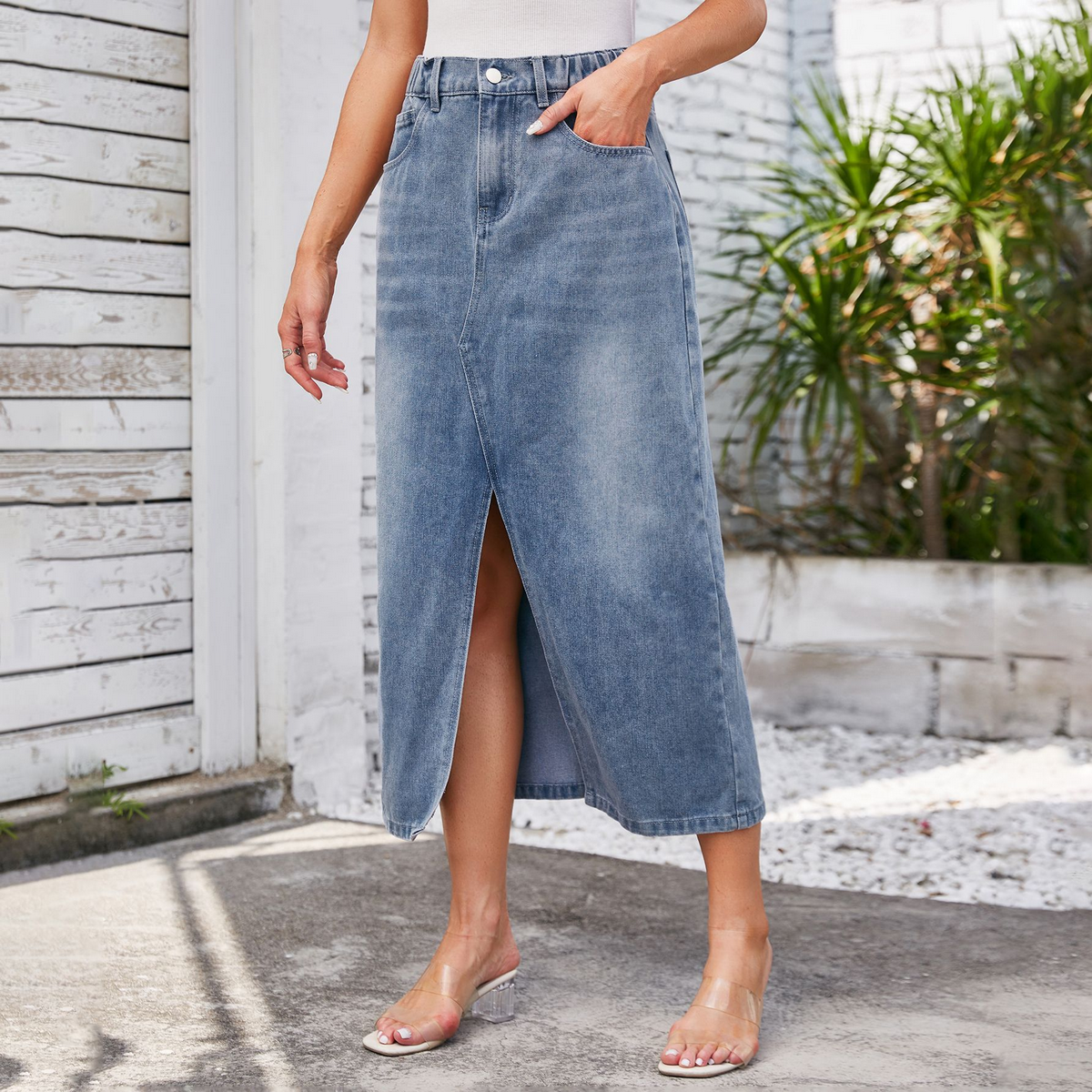 Wome Washed Denim Midi Skirt With Slit_Cwjsk0196