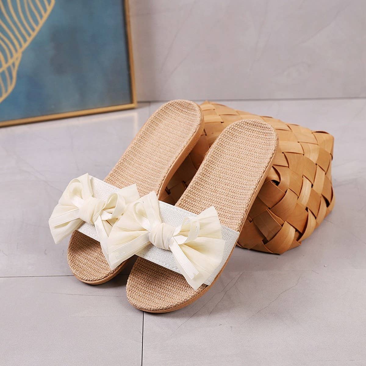 CUTE BOW LINEN SLIPPERS FOR HOME OFFICE_CWSHF0177