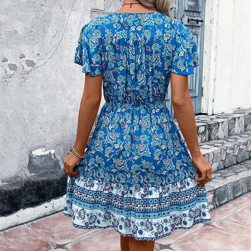 V-Neck National Style Floral Dress