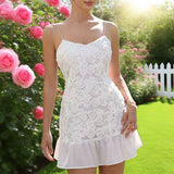 Texture 3D Flower Flounder Hem Short Halter Dress