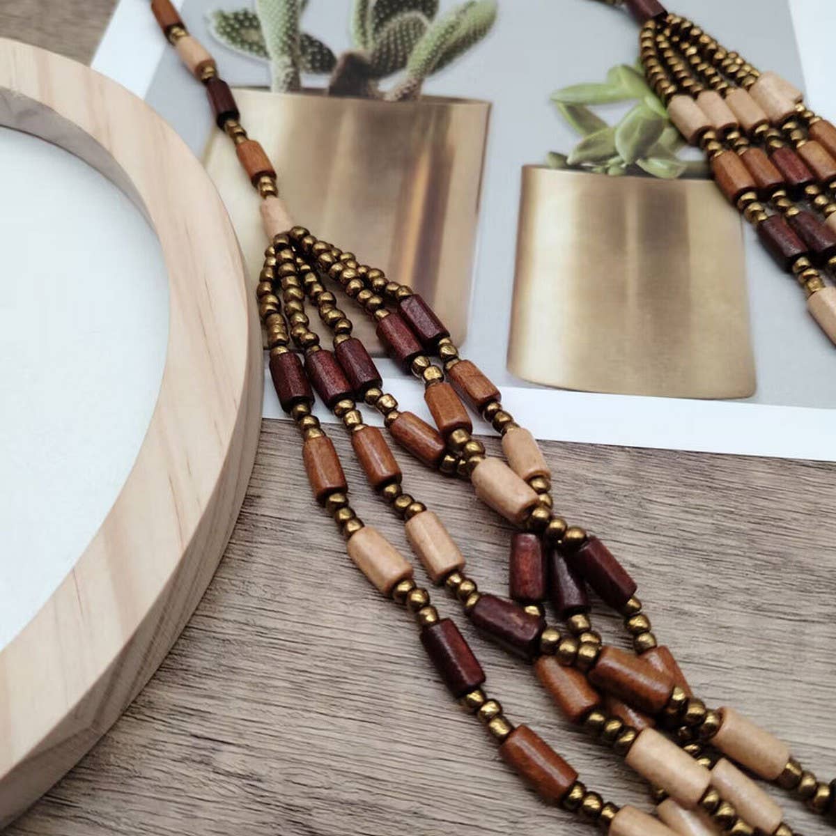 Vintage Small Wooden Tube Multi-Layer Bead Necklace_Cwmm4857