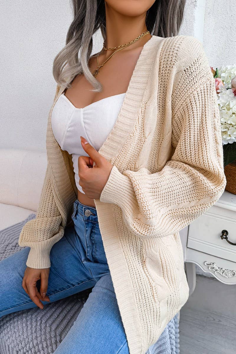 Women Chunky Cable Knit Open Front Midi Cardigan_Cwocal0310