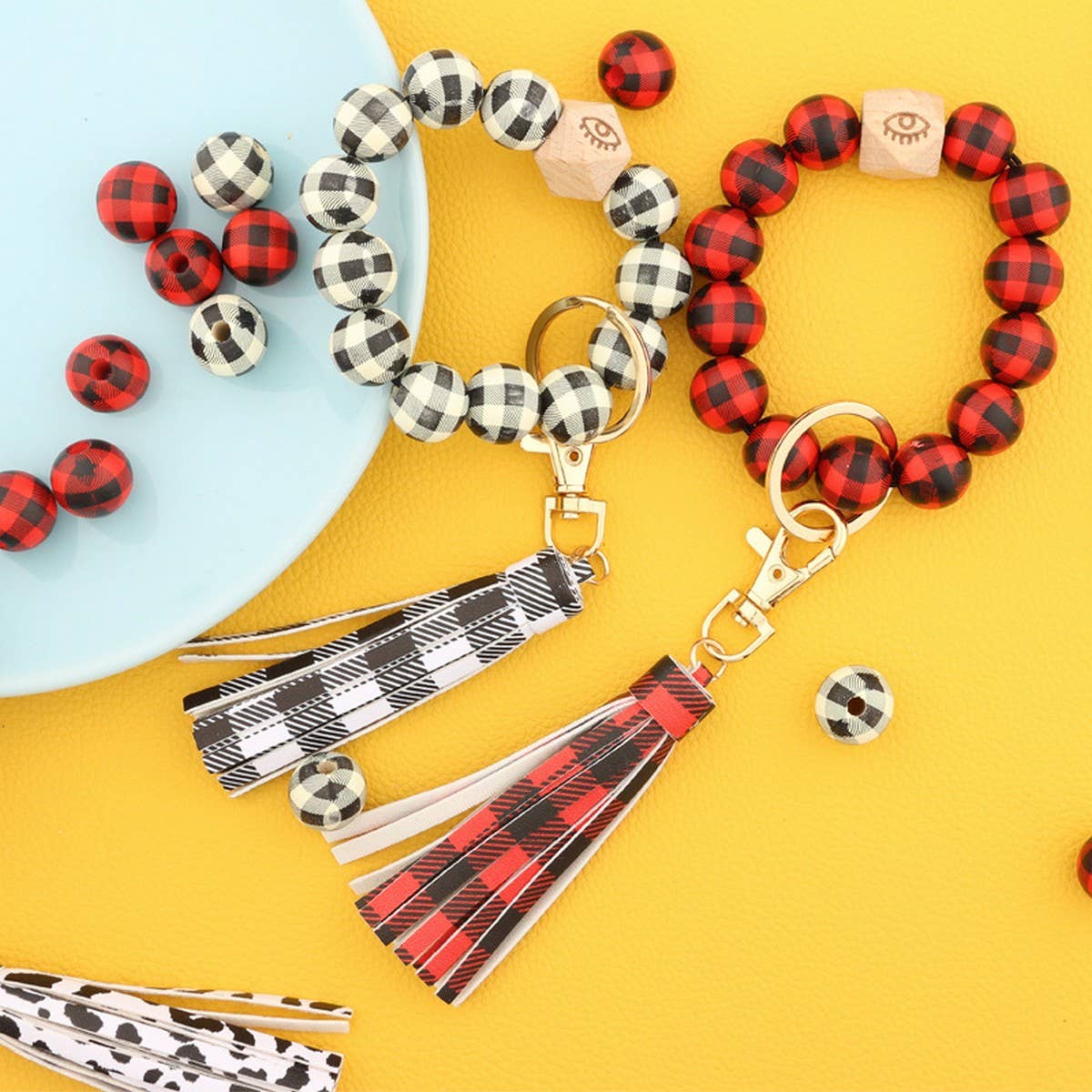 LEOPARD PLAID BEAD BRACELET KEYCHAIN TASSEL_CWMM7017